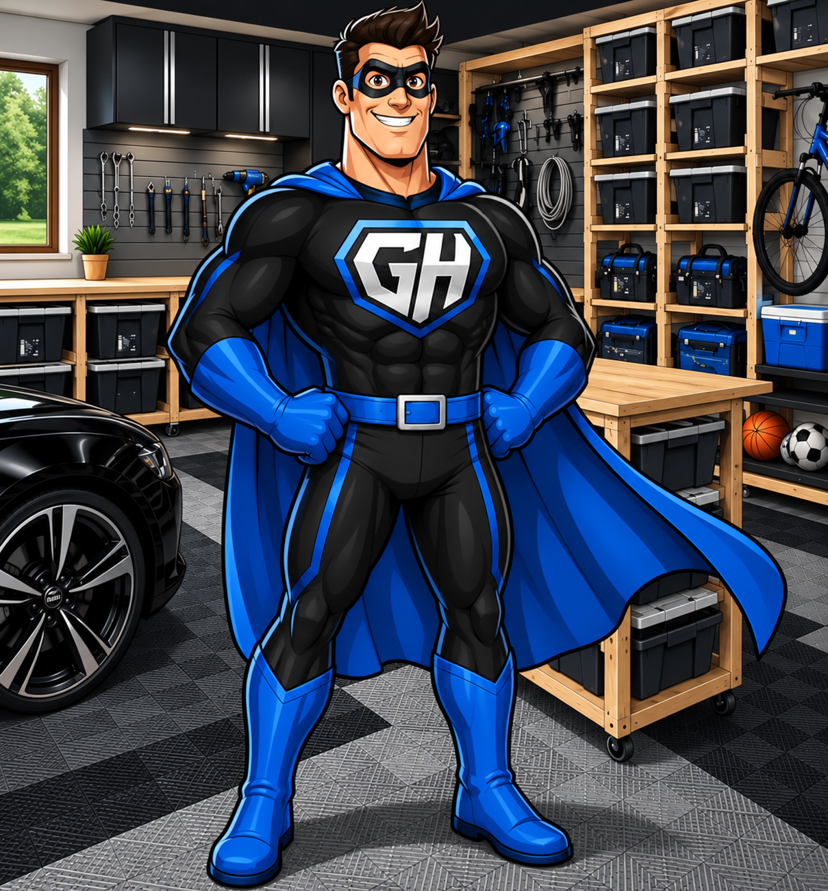 Garage Hero superhero in a blue and charcoal suit, surrounded by neatly organized garage storage